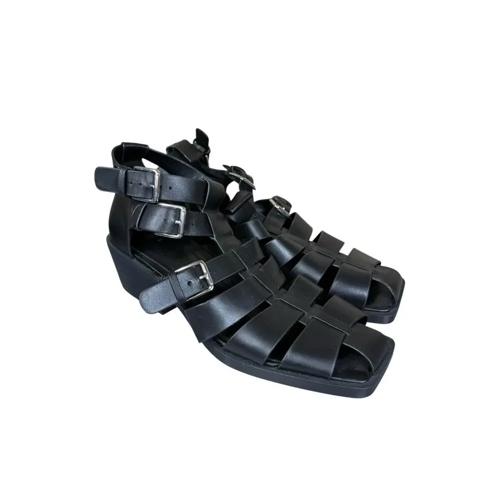 NEW ZARA Black Leather Fisherman Sandals Buckle Cage Heels Size 41 US 10 - Picture 6 of 11